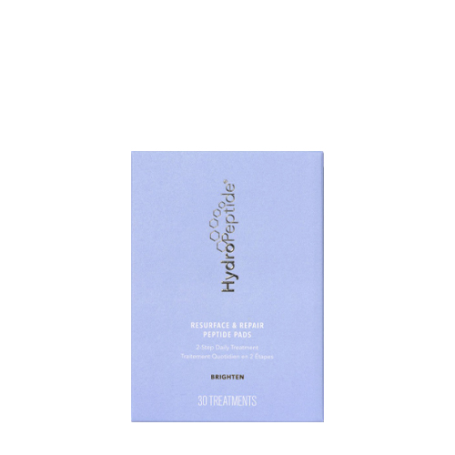 Vooraanzicht van de lichtblauwe kartonnen verpakking van HydroPeptide Resurface & Repair Peptide Pads met de tekst 'Brighten' en '30 Treatments', weergegeven tegen een witte achtergrond.