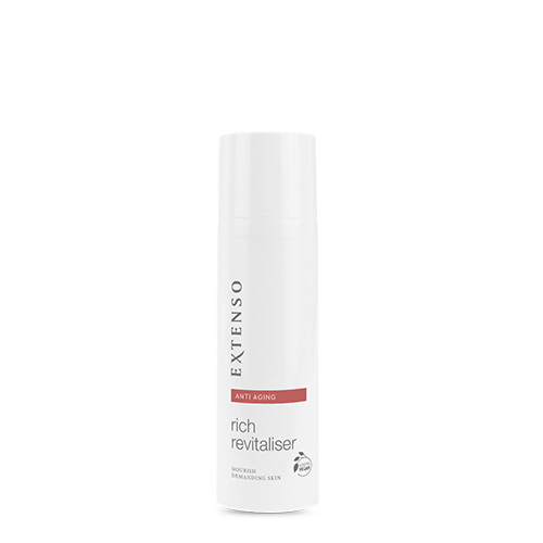 Een gesloten witte flacon van de Extenso anti aging rich revitaliser tegen een witte achtergrond
