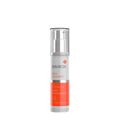 Een vrijstaande flacon van de Environ Skin EssentiA Vita-Antioxidant AVST Moisturiser 5 met een transparante dop, witte achtergrond 