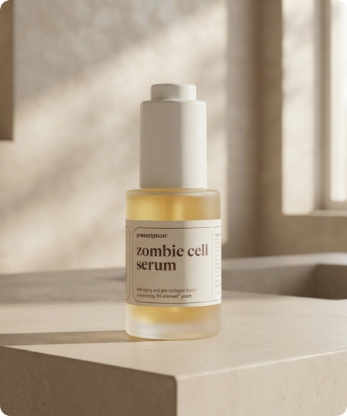 Een glazen flesje Prescription zombie cell serum met een witte pipetdop in een zacht verlichte ruimte