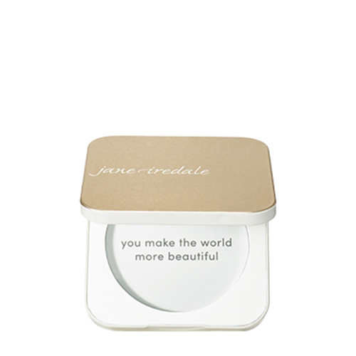Schuin geopende gouden Jane Iredale Refillable Compact met de tekst "you make the world more beautiful" op de bodem.