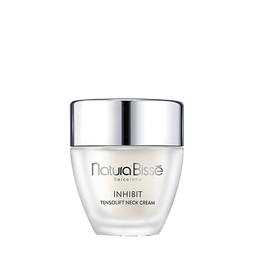 Een luxe glazen pot Natura Bissé Inhibit Tensolift Neck Cream met een zilveren dop.