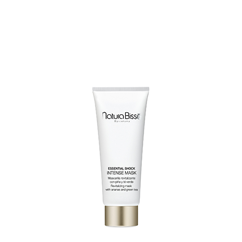 Een witte tube Natura Bissé Essential Shock Intense Mask met een gouden dop, rechtopstaand tegen een witte achtergrond. De verpakking toont de merknaam en productdetails.