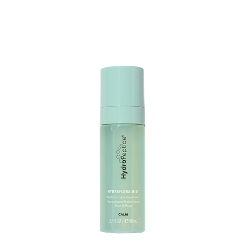 Een staande doorzichtige lichtgroene flacon van HydroPeptide HydraFlora Mist Probiotic Skin Revitalizer met een inhoud van 80 ml.