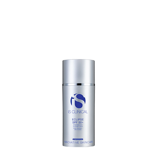 Zilvergrijze flacon van iS Clinical Eclipse SPF 50+ Translucent ultra-lichte en matterende zonnebrandcrème 100g