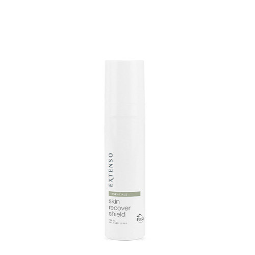 Een witte fles Extenso Skin Recover Shield met gesloten dop tegen een witte achtergrond.