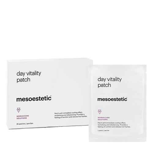 De doosverpakking en het bijbehorende sachet van de mesoestetic day vitality patch