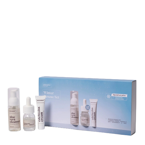 Prescription Winter Rescue Set met blauwe verpakking aloe vera cleanser hyaluronic acid serum en edelweiss cream