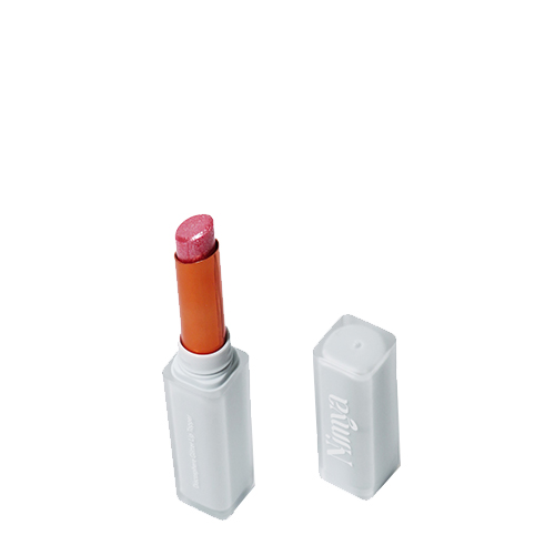 Open witte huls van de roze Nimya glitter lippenstift met de losse dop ernaast op een witte achtergrond