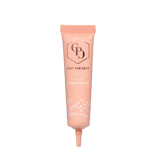 Dezelfde perzikkleurige tube vloeibare concealer van Cent Pur Cent als in de vorige afbeelding, maar nu zonder dop waardoor de smalle doseertuit zichtbaar is.