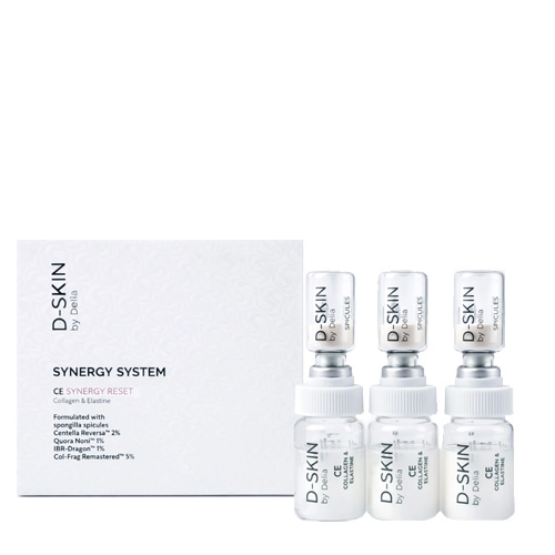D-SKIN Synergy System CE Synergy Reset verpakking met drie ampullen gericht op collageen en elastine. De formule bevat spongilla spicules, Centella Reversa en Col-Frag Remastered voor huidverjonging.