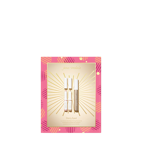 Roze feestelijke geschenkverpakking van de Jane Iredale Starry Eyed set met oogschaduwsticks en mascara