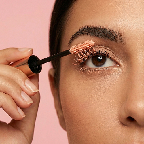 Detailopname van een model dat de perzikkleurige lash primer aanbrengt op de bovenste wimpers voor extra volume.