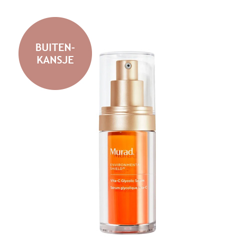 Flesje Murad Environmental Shield Vita C Glycolic Serum met een roze cirkel met de tekst Buitenkansje erboven