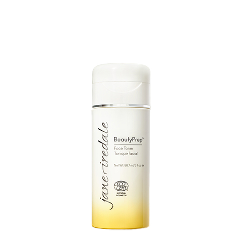 Een staande witte fles jane iredale BeautyPrep Face Toner voorzien van het ECOCERT-logo voor natuurlijke cosmetica.