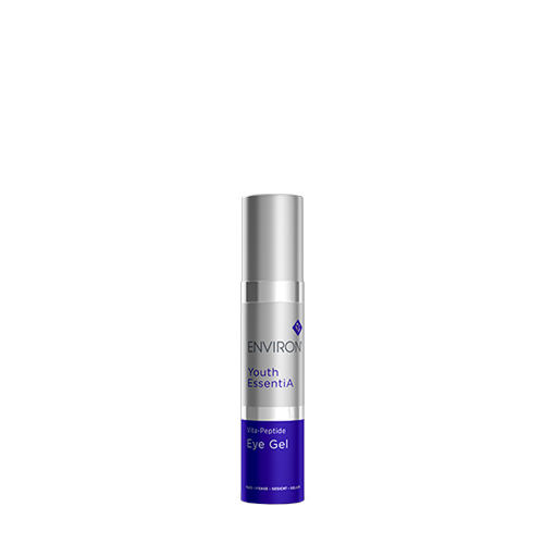 Een vrijstaande zilveren flacon van de Environ Youth EssentiA Vita-Peptide Eye Gel met een blauw label aan de onderzijde
