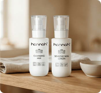 Twee flacons van hannah Cleansing Milk en Sensitive Skin Lotion op een houten plank naast een gevouwen handdoek en een kommetje
