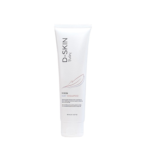 Een witte tube van het merk D-SKIN met de naam Baby Shampoo en een inhoud van 150ml, staand tegen een witte achtergrond.