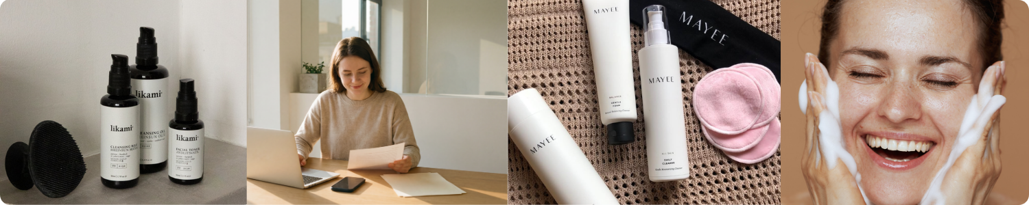 Collage met vier beelden: Likami en Mayee skincare producten, een werkende vrouw achter een laptop en een glimlachende vrouw die haar gezicht reinigt met schuim.
