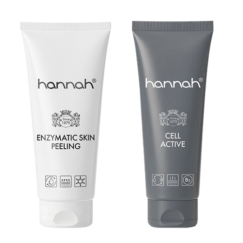 Een set van twee hannah huidverzorgingsproducten: de witte tube Enzymatic Skin Peeling en de grijze tube Cell Active voor een verbeterde doorbloeding.