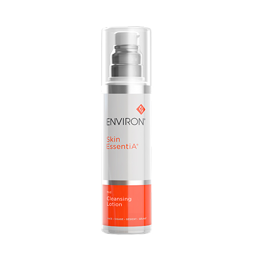 Een vrijstaande flacon van de Environ Skin EssentiA Mild Cleansing Lotion met een transparante dop tegen een witte achtergrond.