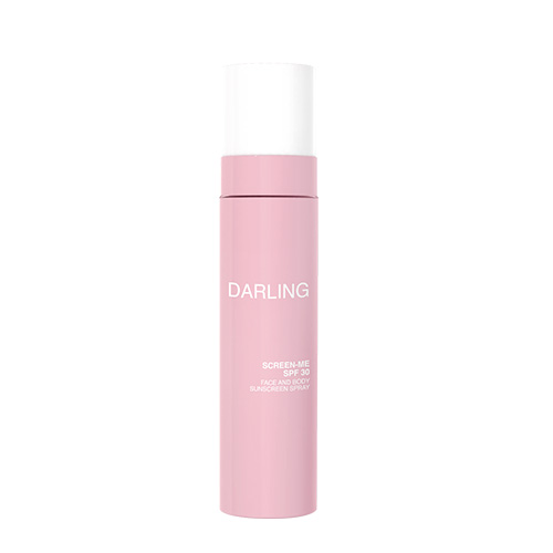 Een slanke roze sprayflacon van DARLING SCREEN-ME SPF 30 Face and Body Sunscreen Spray met een witte dop.