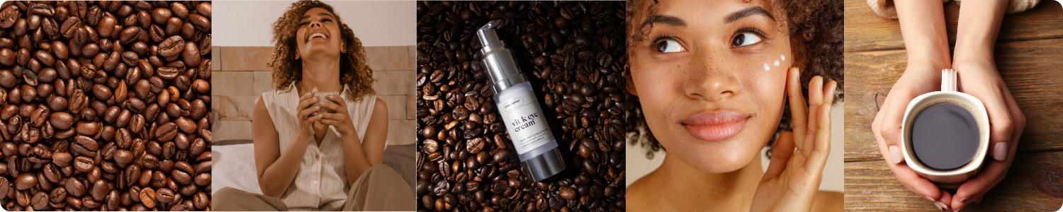 Een fotocollage van koffiebonen, een glimlachende vrouw met een mok koffie, de Prescription Vit K Eye Cream en een close-up van oogcrème aanbrengen.