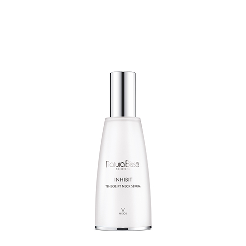 Een witte flacon van 60ml Natura Bissé Inhibit Tensolift Neck Serum met een zilveren dop, weergegeven tegen een strakke witte achtergrond.