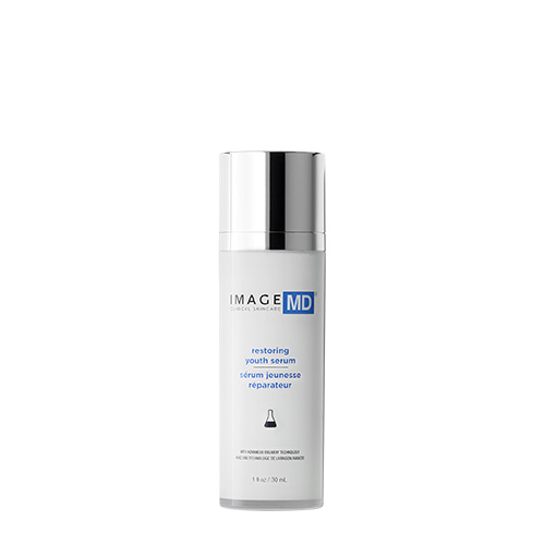Vrijstaande productfoto van het IMAGE Skincare MD Restoring Youth Serum in een zilver-witte flacon.