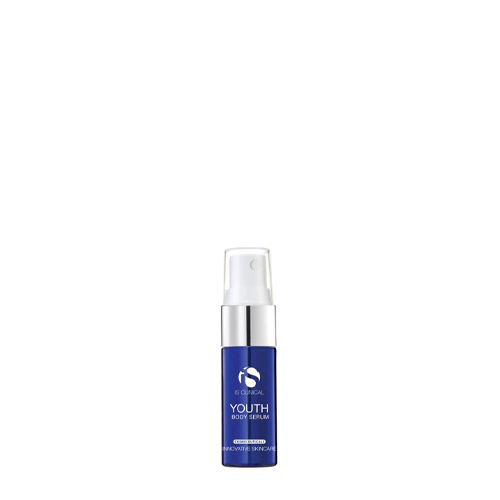 Kleine blauwe sprayflacon van iS Clinical Youth Body Serum verfrissende en hydraterende anti-aging lichaamsspray 15ml