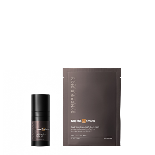 Synergie Skin LumiBalance gezichtsolie en NRgetic Biomask celmasker op een witte achtergrond