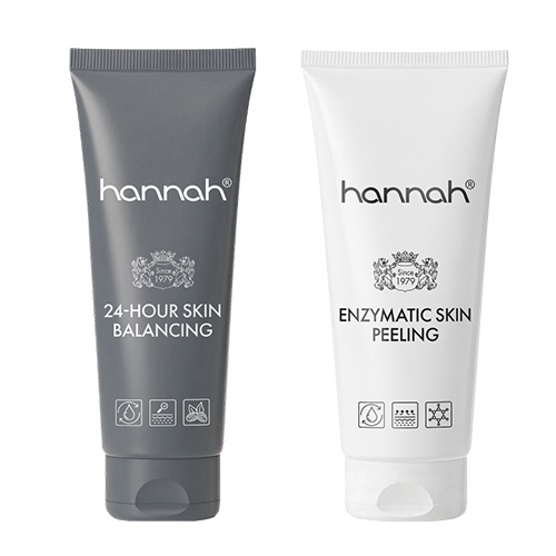 Een hannah huidverzorgingsset met de 24-hour Skin Balancing crème (grijze tube) en de Enzymatic Skin Peeling (witte tube) voor een gladde en gebalanceerde huid.