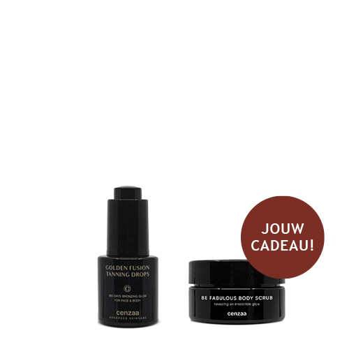 Een flacon Cenzaa Golden Fusion Tanning Drops voor gezicht en lichaam, gepresenteerd met een gratis cadeau-verpakking van de Be Fabulous Body Scrub.