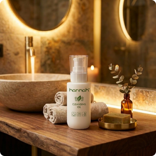 Een witte flacon hannah Cleansing Oil staat op een houten badkamermeubel naast opgerolde handdoeken, een blok zeep en een brandende kaars.
