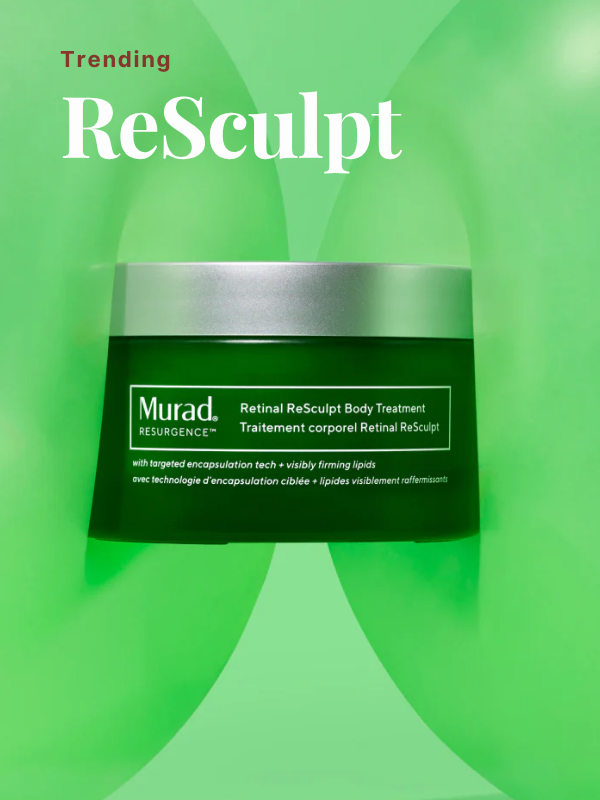 Een productafbeelding voor Murad's "Trending ReSculpt". Een donkergroene pot met de tekst "Murad. RESURGENCE Retinal ReSculpt Body Treatment - Traitement corporel Retinal ReSculpt". De verpakking staat centraal tegen een felgroene achtergrond