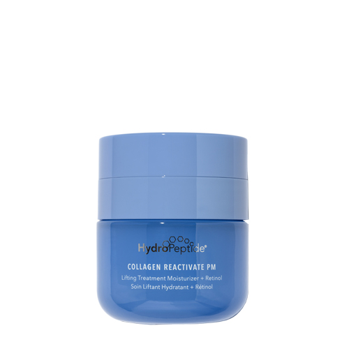 Een blauwe pot HydroPeptide Collagen ReActivate PM lifting treatment moisturizer met retinol van 30 ml op een witte achtergrond.