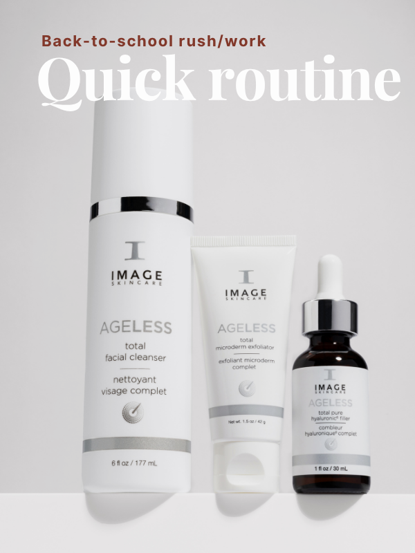 Drie IMAGE Skincare Ageless producten – een cleanser, exfoliator en hyaluronzuur filler – op een rij, met bovenaan de tekst "Back-to-school rush/work Quick routine".