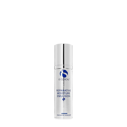 Witte flacon met pompje van iS Clinical Reparative Moisture Complex herstellende gezichtscrème 50g