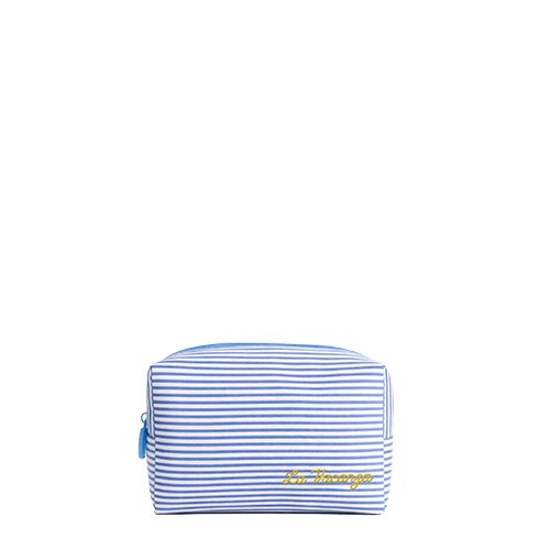 Een vrijstaande productfoto van het blauw met wit gestreepte stoffen toilettasje van de Darling La Vacanza set met de tekst La Vacanza in gele letters.