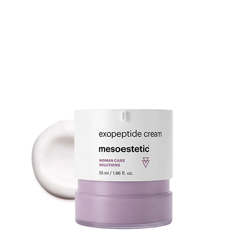 De pot van de mesoestetic exopeptide cream met daarnaast een dot rijke witte crème textuur