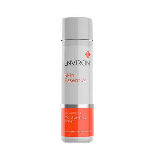 Een vrijstaande flacon van de Environ Skin EssentiA Botanical Infused Moisturising Toner met een transparante dop tegen een witte achtergrond.
