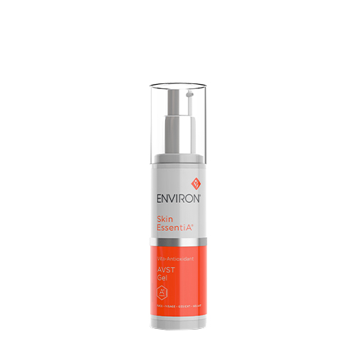 en vrijstaande flacon van de Environ Skin EssentiA Vita-Antioxidant AVST Gel met een transparante dop. De afbeelding heeft een witte achtergrond